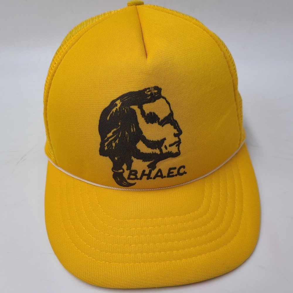 Vintage Trucker Hat Snapback Mesh Yellow Black Hawk Native American Indian BHAEC